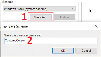 Haga clic en Guardar como, luego asigne el nombre que desee a este esquema de cursor y haga clic en Aceptar.