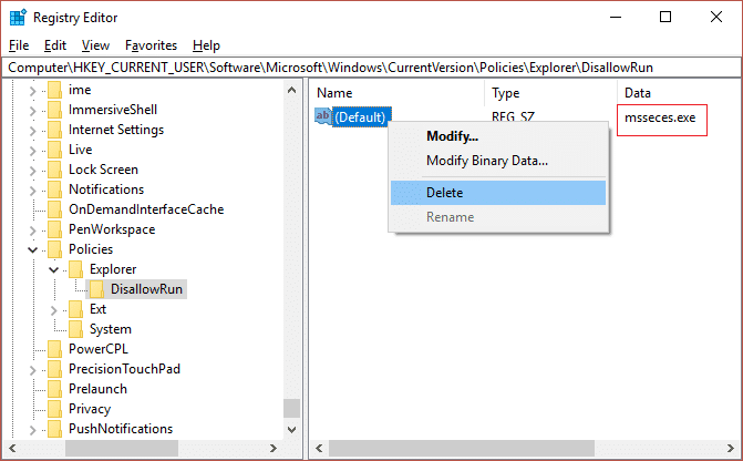 Elimine cualquier clave o DWORD que contenga vale como msseces.exe en DisallowRun