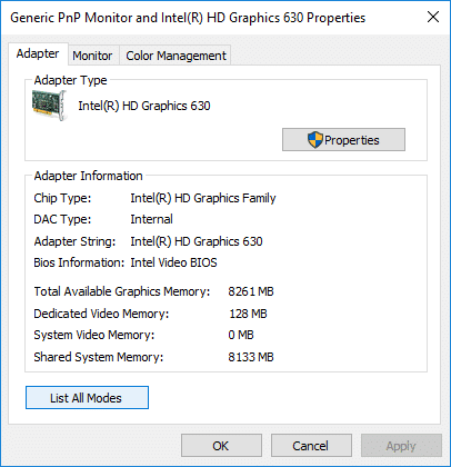 En la pestaña Adaptador, haga clic en el botón Listar todos los modos en la parte inferior |  Cómo cambiar la frecuencia de actualización del monitor en Windows 10