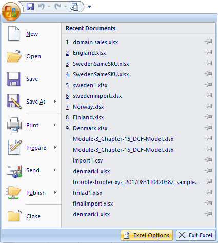 Haga clic en Office ORB (o menú ARCHIVO) y luego haga clic en Opciones de Excel