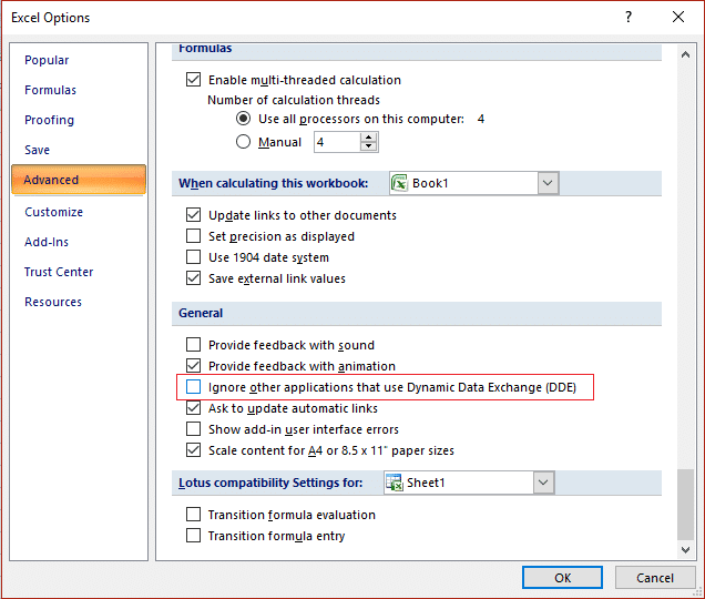 Desmarque Ignorar otras aplicaciones que usan Dynamic Data Exchange (DDE)