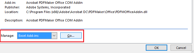 seleccione Complementos de Excel en el menú desplegable Administrar y haga clic en Ir