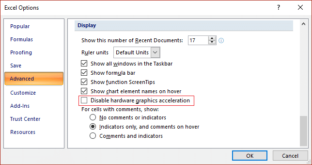 Desmarque Deshabilitar la aceleración de gráficos de hardware