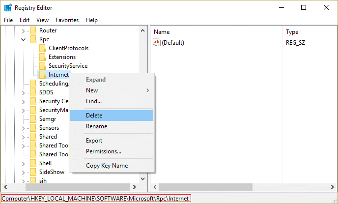 haga clic derecho en la subclave de Internet de RPC y elimínela