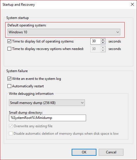 Desde el menú desplegable del sistema operativo predeterminado, seleccione Windows 10