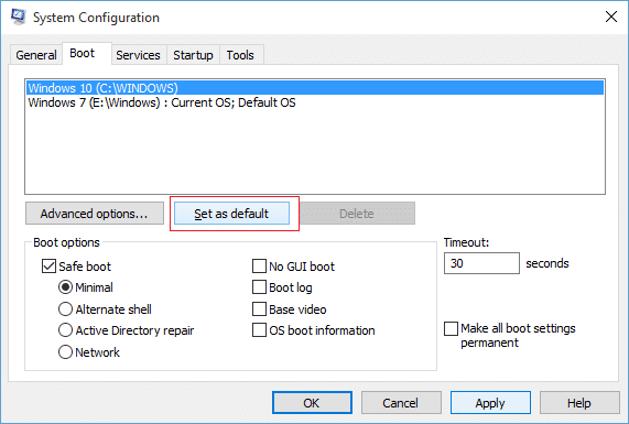 Seleccione el sistema operativo que desea configurar como predeterminado y luego haga clic en Establecer como predeterminado