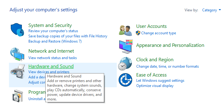 Haga clic en Hardware y sonido en Panel de control
