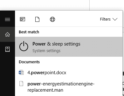 Escriba power & sleep en el campo de búsqueda en su barra de tareas