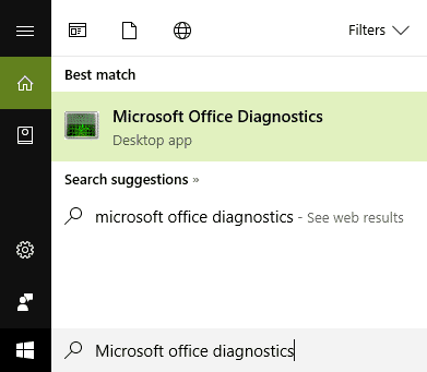 Escriba microsoft office diagnostics en la búsqueda y haga clic en él