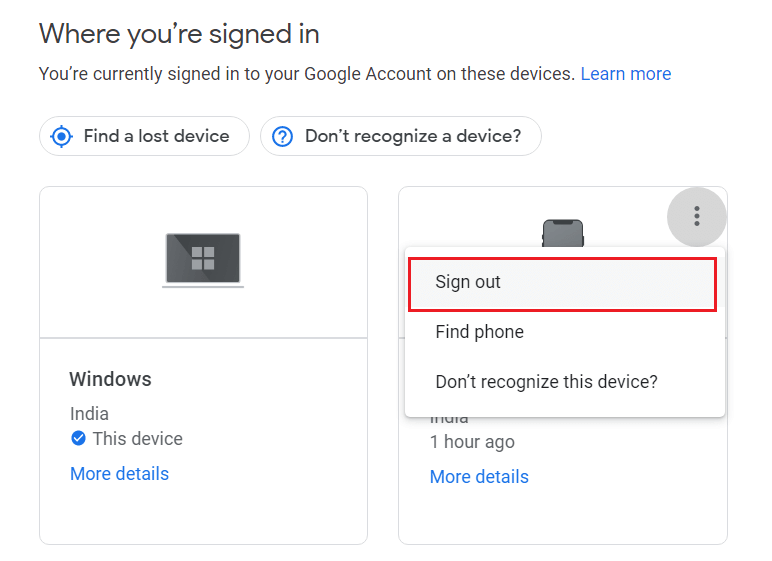 Haga clic en el botón Cerrar sesión de la opción para eliminar el dispositivo de Google