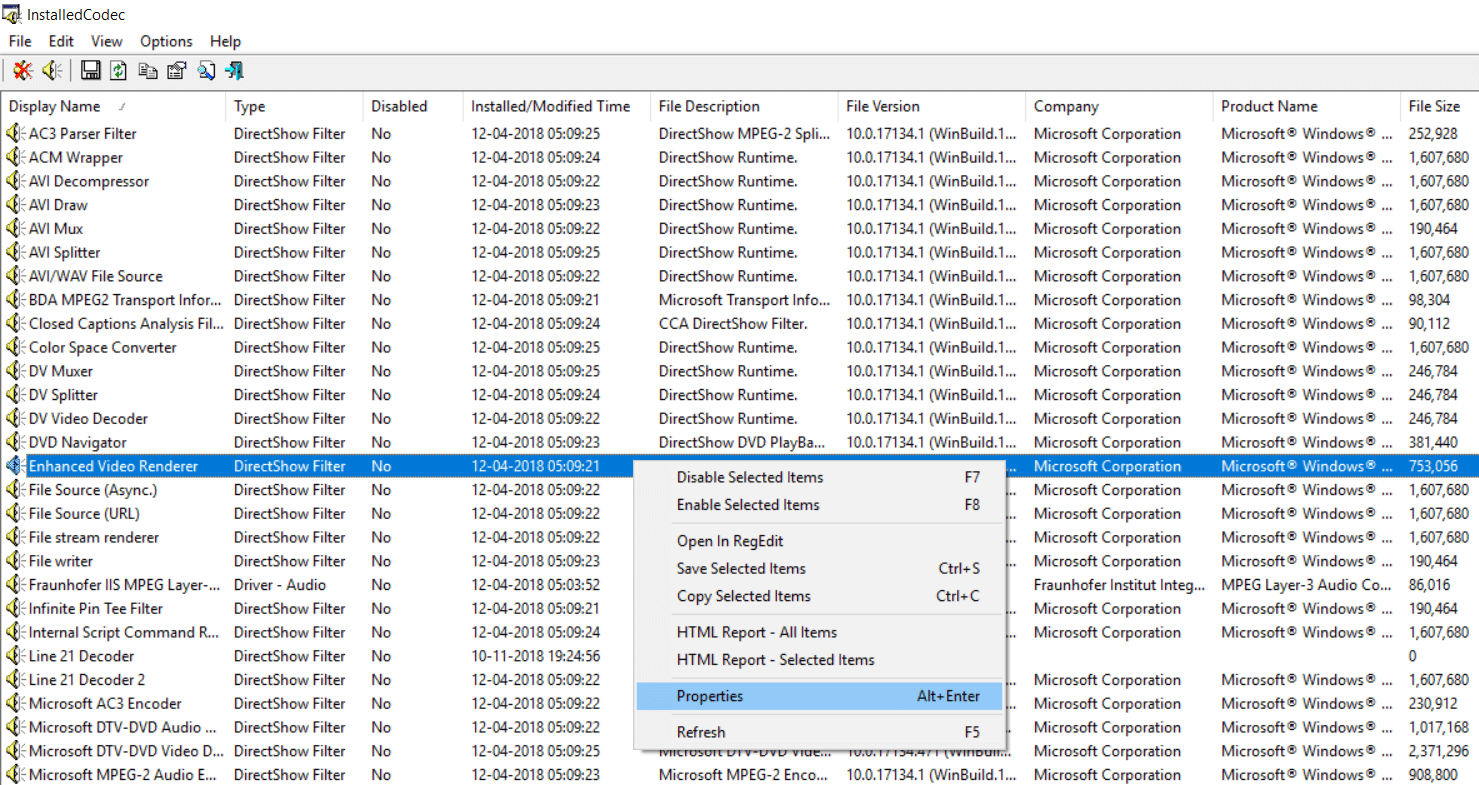 Haga clic derecho en cualquier códec en particular y haga clic en propiedades.