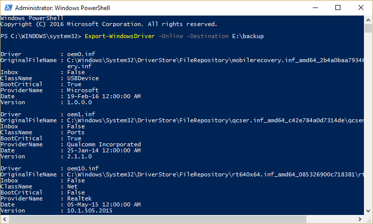 Exportar controladores mediante PowerShell Export-WindowsDriver -Online -Destino