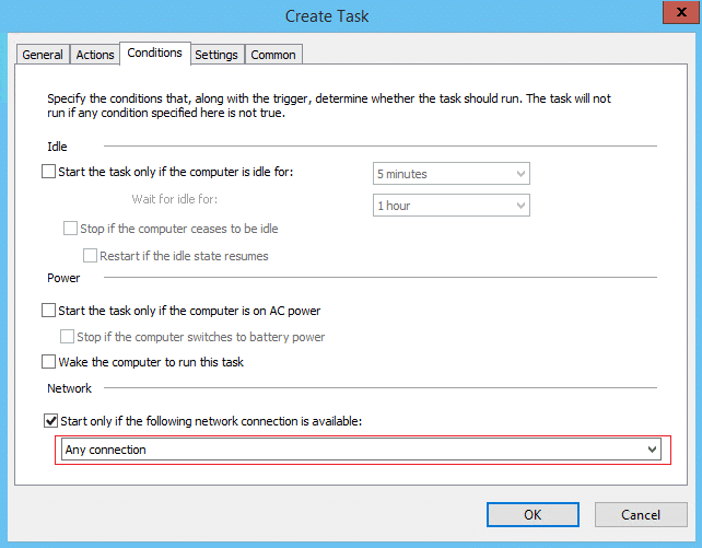 Cambie a la pestaña Condiciones y marque Iniciar solo si la siguiente conexión de red está disponible, luego, en el menú desplegable, seleccione Cualquier conexión