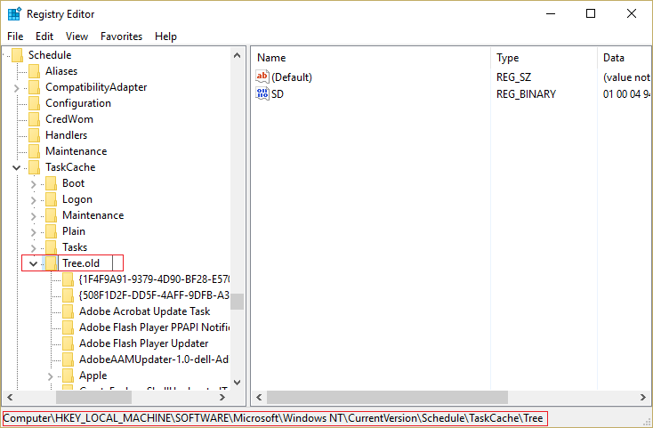 Cambie el nombre de Tree a Tree.old en el editor de registro y vea si el error se resuelve o no