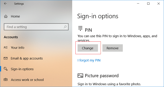 Haga clic en Cambiar en las opciones de inicio de sesión con PIN