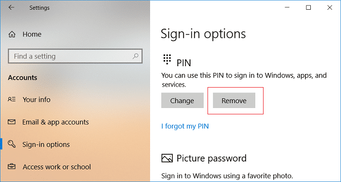 Haga clic en Eliminar en Opciones de inicio de sesión con PIN |  Cómo agregar un PIN a su cuenta en Windows 10