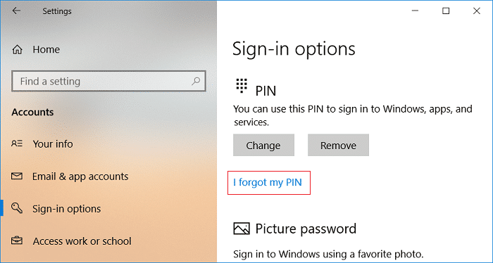 Haga clic en Olvidé mi PIN en PIN |  Cómo agregar un PIN a su cuenta en Windows 10