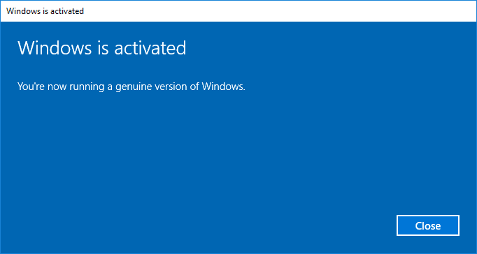 En la página Windows está activado, haga clic en Cerrar