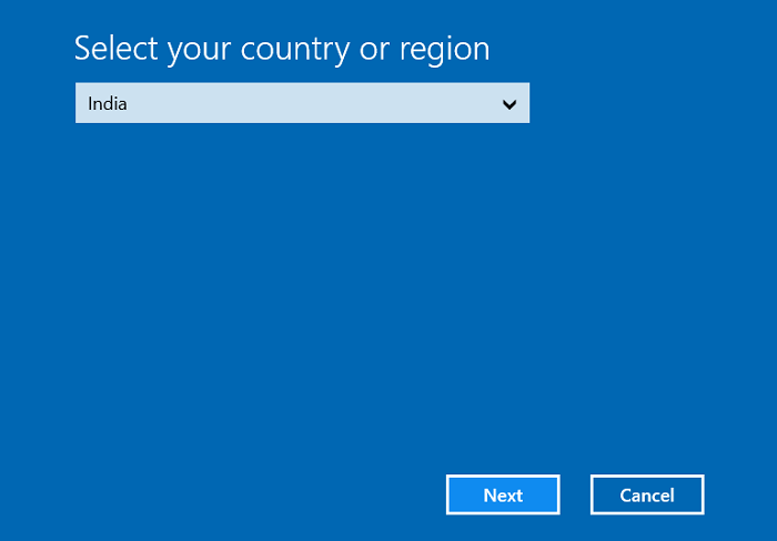 Seleccione su país o región y luego haga clic en Siguiente