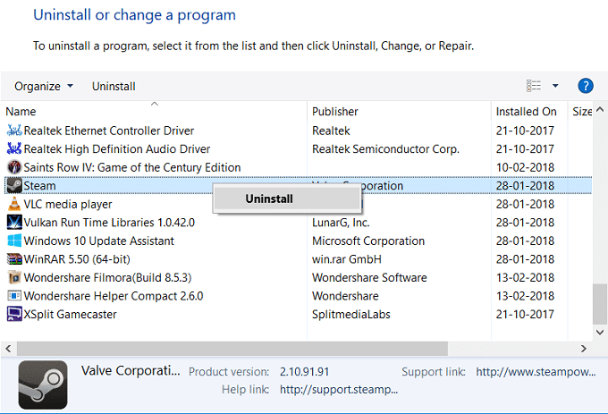 Busque Steam en la lista, luego haga clic derecho y seleccione Desinstalar |  Solucionar el error de Steam No se pudo cargar steamui.dll