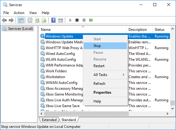Haga clic derecho en el servicio de actualización de Windows y seleccione Detener
