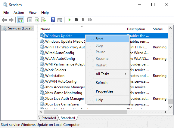 Haga clic derecho en el servicio de actualización de Windows y luego seleccione Iniciar