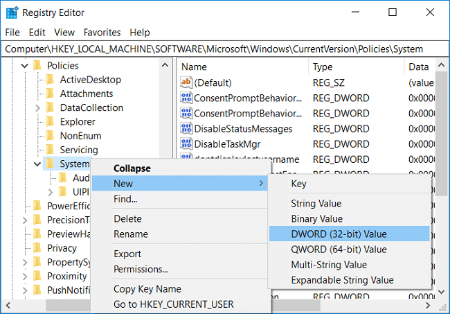 Haga clic derecho en Sistema, luego seleccione Nuevo y luego haga clic en Valor DWORD (32 bits)