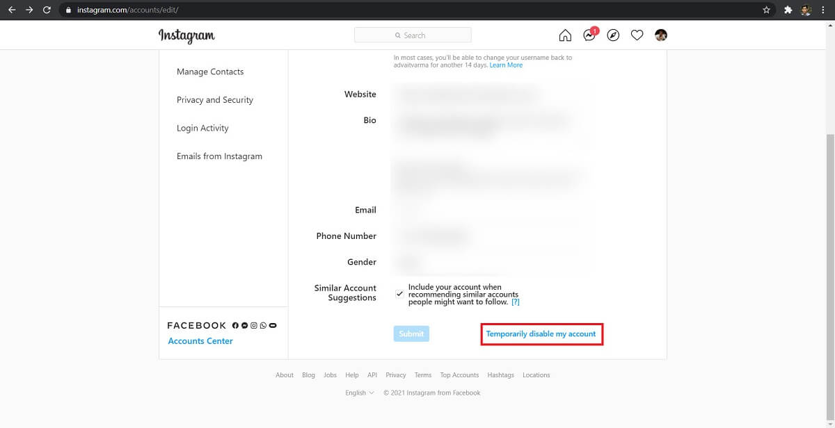 Esto abrirá el menú 'Editar perfil'.  Desplácese hasta la parte inferior y haga clic en 'Deshabilitar mi cuenta temporalmente'.