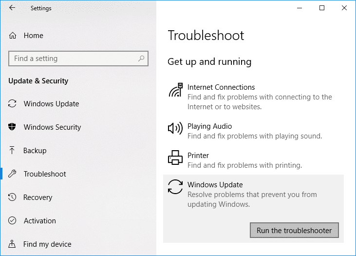 Seleccione Solucionar problemas y luego, en Ponerse en marcha, haga clic en Windows Update