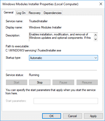 Establezca el Tipo de inicio en Automático y haga clic en Inicio para el Instalador de módulos de Windows