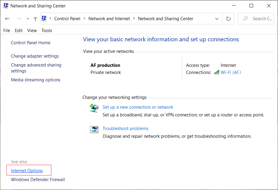 Haga clic en Opciones de Internet en Centro de redes y recursos compartidos