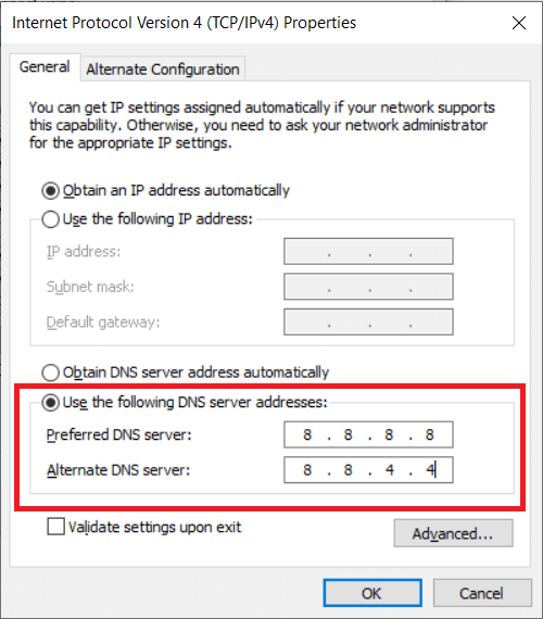 Para usar el DNS público de Google, ingrese el valor 8.8.8.8 y 8.8.4.4 en el servidor DNS preferido y el servidor DNS alternativo