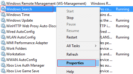 haga clic con el botón derecho en Búsqueda de Windows y seleccione Propiedades |  Arreglar el alto uso de CPU de Searchindexer.exe