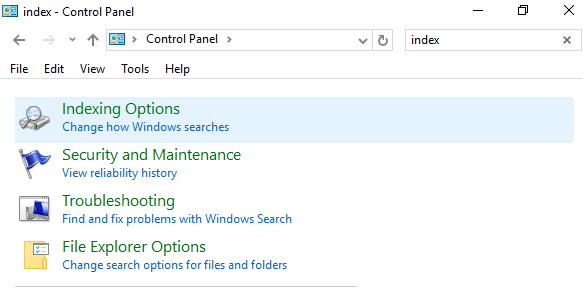haga clic en Opciones de indexación en la búsqueda del Panel de control