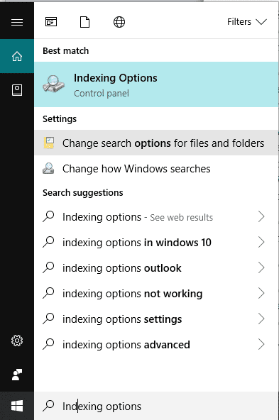 Abre Cortana o la barra de búsqueda y escribe Opciones de indexación en ella |  Arreglar el alto uso de CPU de Searchindexer.exe