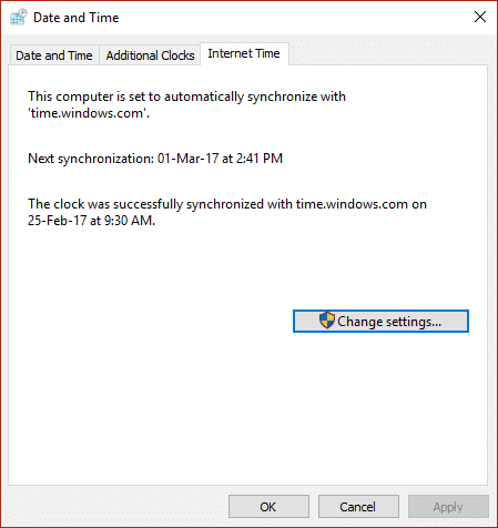 seleccione Hora de Internet y luego haga clic en Cambiar configuración |  Solucionar el problema de la hora incorrecta del reloj de Windows 10