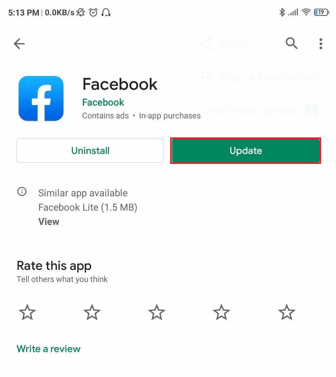 actualiza tu aplicación de Facebook desde Play Store.