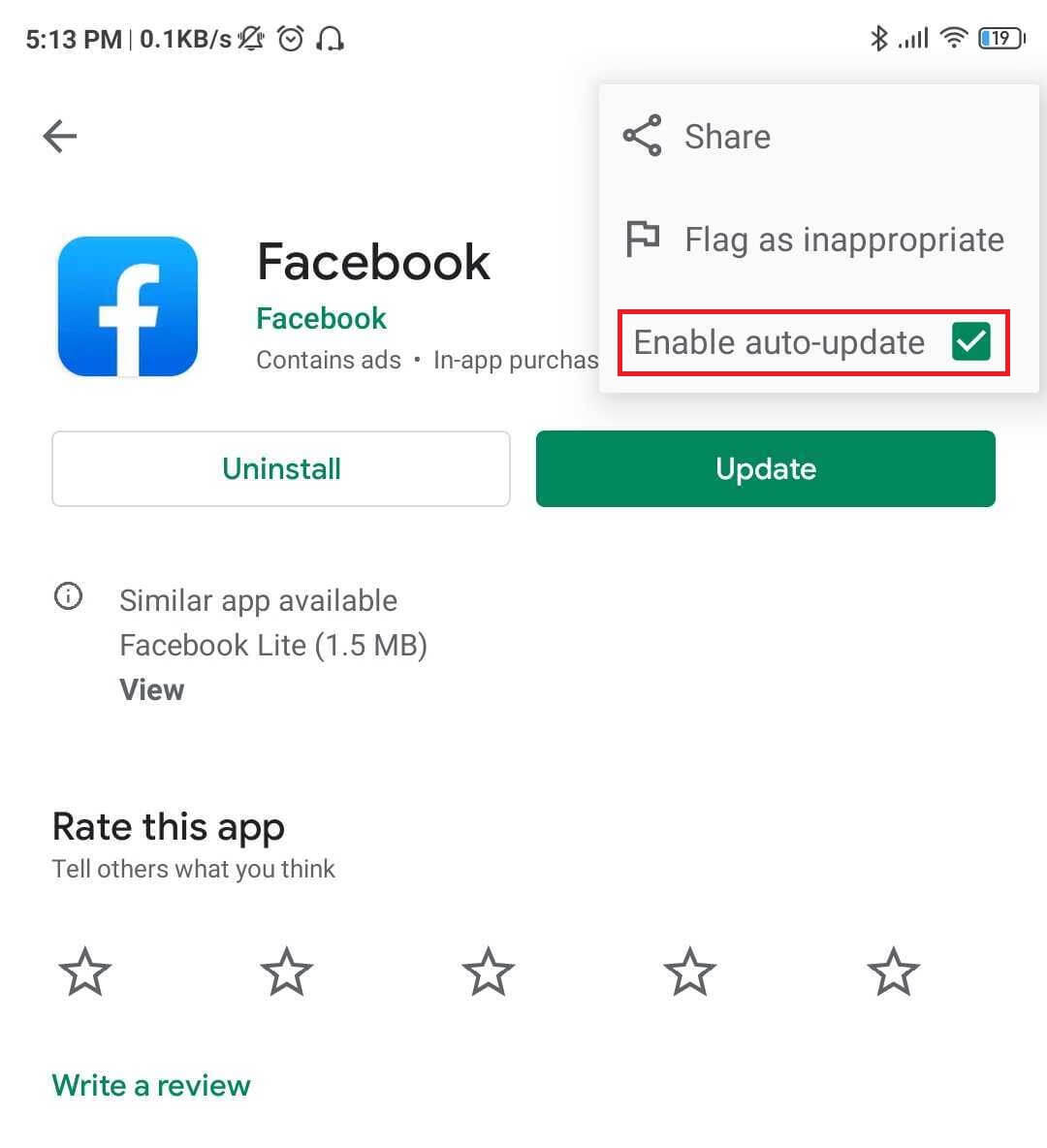 habilite la actualización automática para la aplicación de Facebook en Google Play Store.