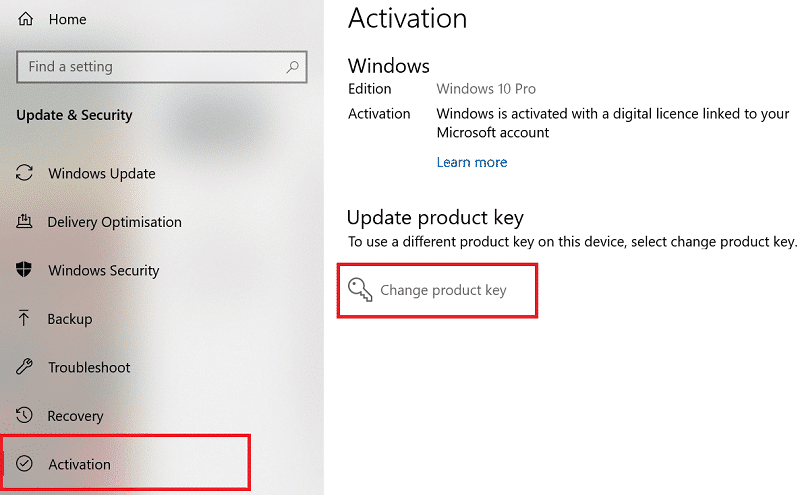 haga clic en Activación.  Luego haga clic en Cambiar clave o Activar Windows usando una clave