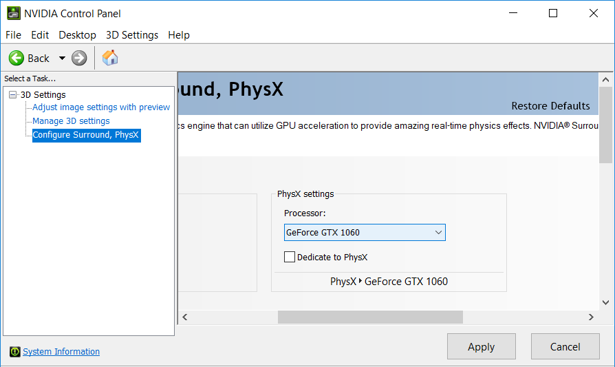 En el menú desplegable Configuración de PhysX, seleccione su tarjeta gráfica en lugar de la selección automática.