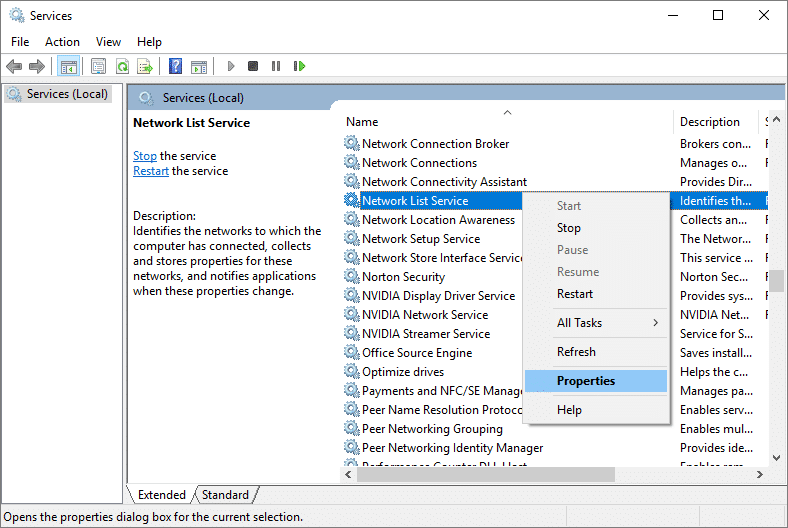 Haga clic derecho en Servicio de lista de red y seleccione Propiedades |  Solucionar el error de actualización de Windows 10 0x80070422