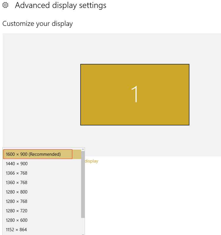 seleccione la resolución recomendada en la configuración de pantalla avanzada