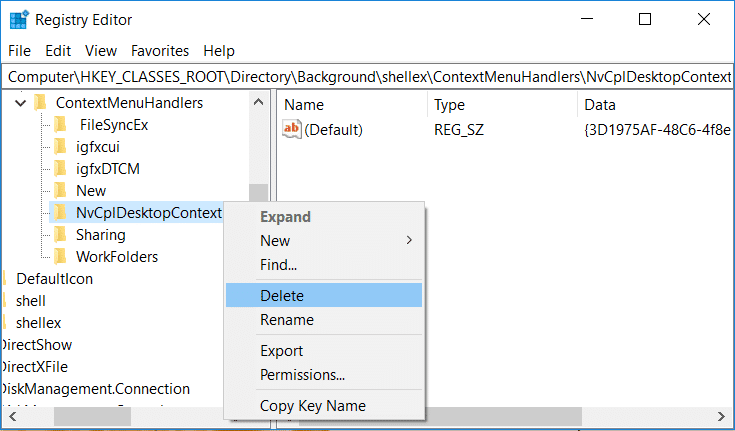 haga clic derecho en NvCplDesktopContext y seleccione Eliminar