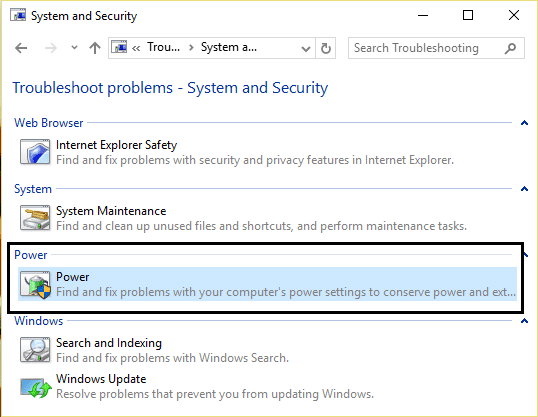 seleccionar encendido en el sistema y solución de problemas de seguridad