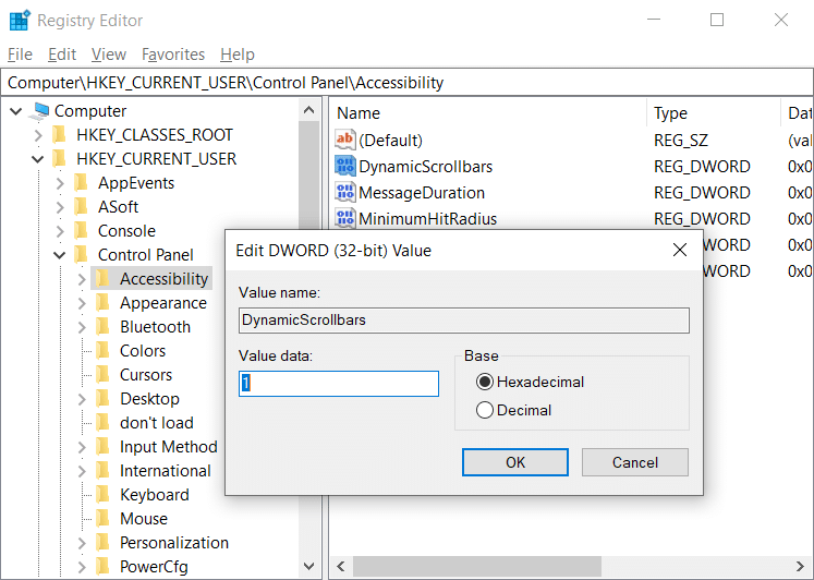 Haga doble clic en DynamicScrollbars DWORD