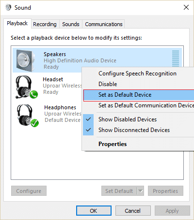 Seleccione sus altavoces, luego haga clic con el botón derecho en él y seleccione Establecer como dispositivo predeterminado