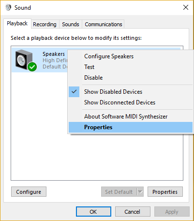 Haga clic derecho en sus altavoces y seleccione Propiedades