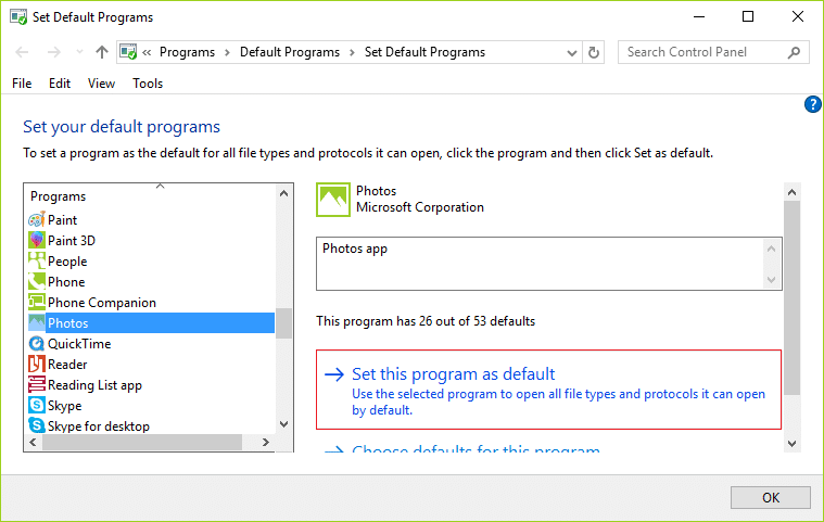 De la lista, seleccione Photo App y luego haga clic en Establecer este programa como predeterminado