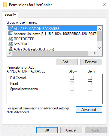 Ahora, desde la ventana de permisos, seleccione TODOS LOS PAQUETES DE APLICACIÓN y luego haga clic en Avanzado