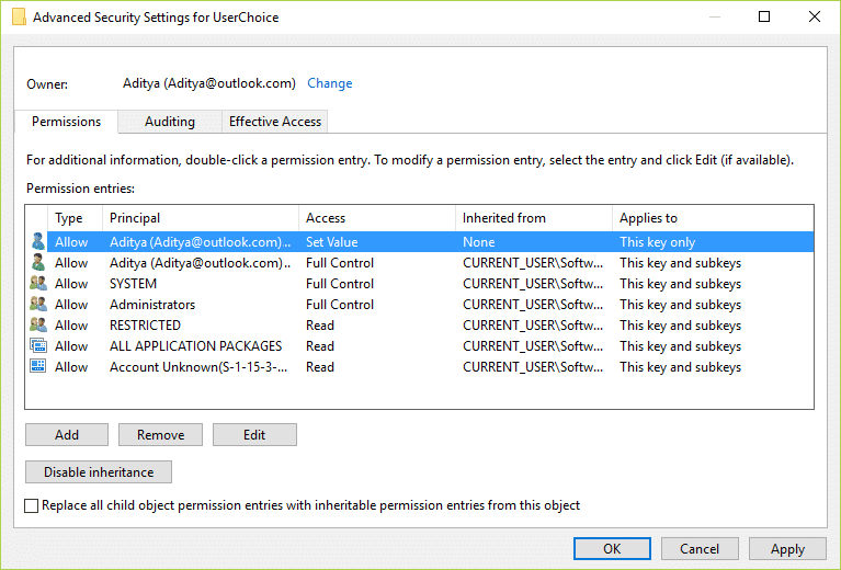 Asegúrese de que la cuenta local debe tener acceso (configurado para permitir) y configurado para establecer valor, heredado de ninguno y se aplica solo a esta clave